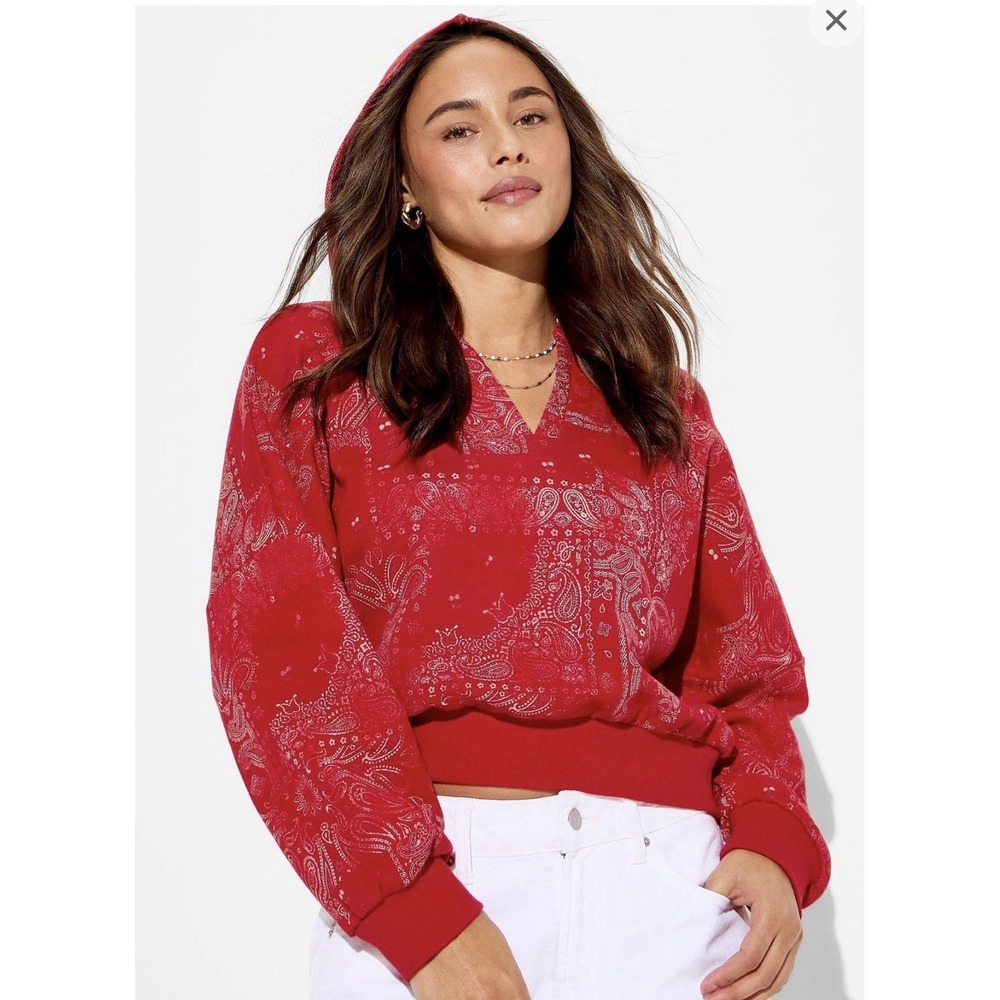 Womens Split Neck French Terry Pullover Sweatshirt Hood Wild Fable Red Paisley M